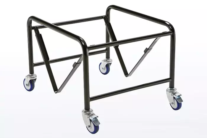 Der Transportwagen ist mit vier flexiblen, optional feststellbaren Rollen ausgestattet.