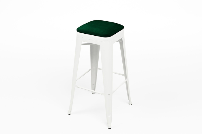 Der weiße Bronx Barhocker mit abnehmbarer grüner Samtsitzauflage