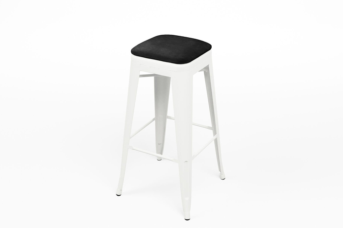 Unser weißer Bronx Barhocker mit schwarzer Samtsitzauflage