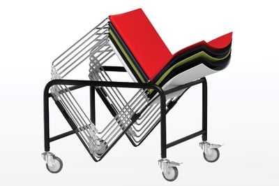 Die Armlehnenstühle mit Kufen können auf unserem praktischen Stuhl Transportwagen bis zu 45 Stück übereinander gestapelt werden