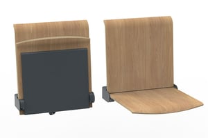 Die modernen Wandklappsitze Heidelberg mit Sitzfarbe Oak und Halterung in Graphit