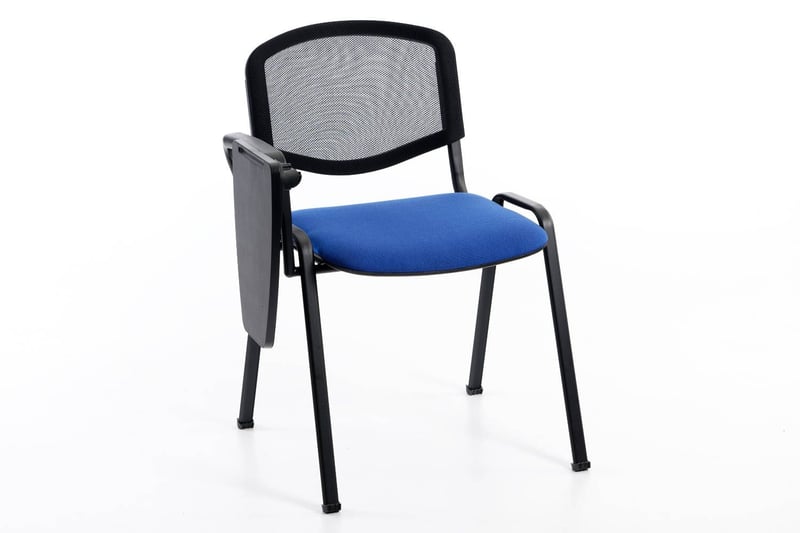 Bequemer Kunststoffstuhl mit Schreibtablar und farbigem Sitzpolster